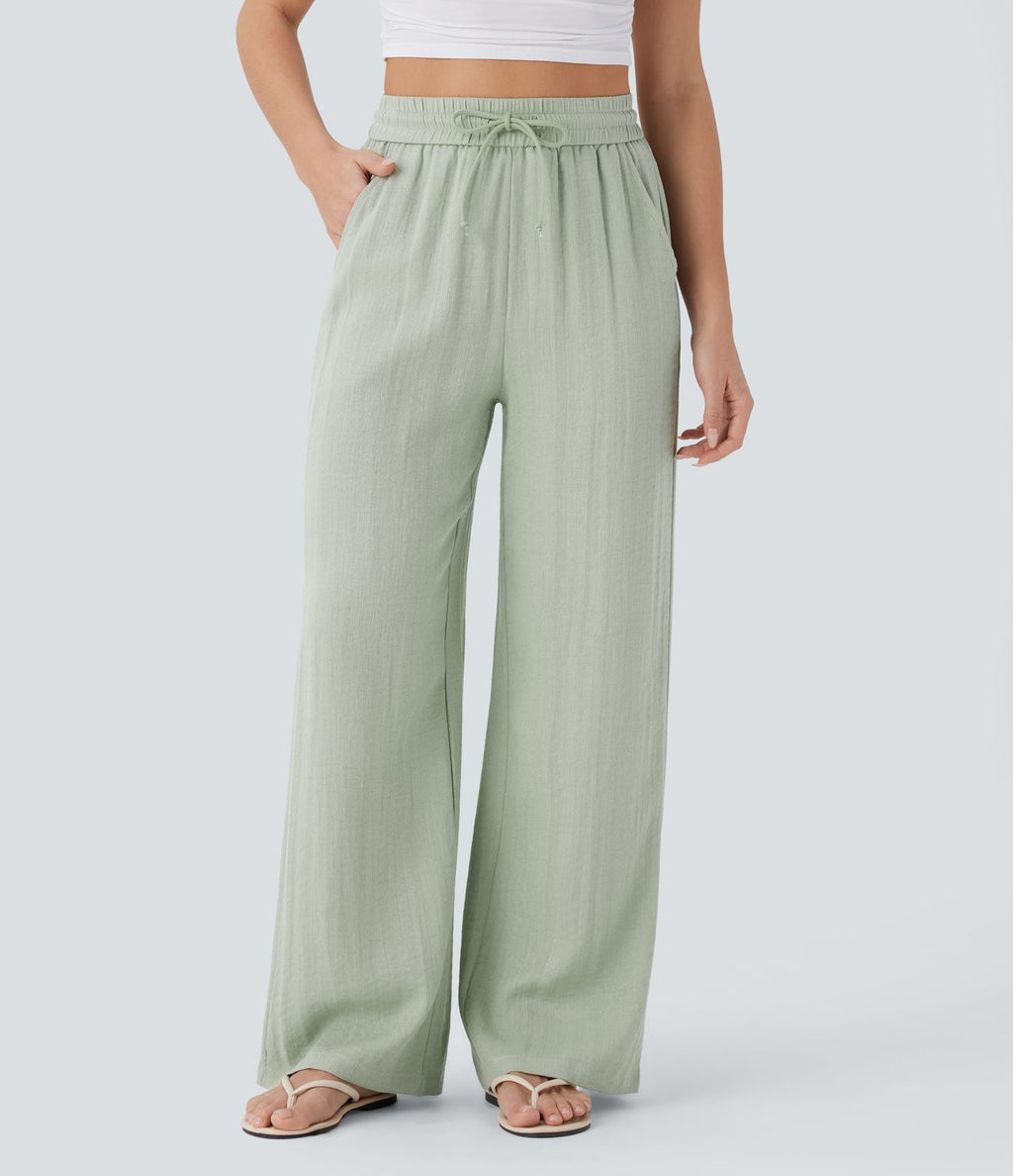 High Waisted Drawstring Pocket Wide Leg Casual Linen-Feel Trousers