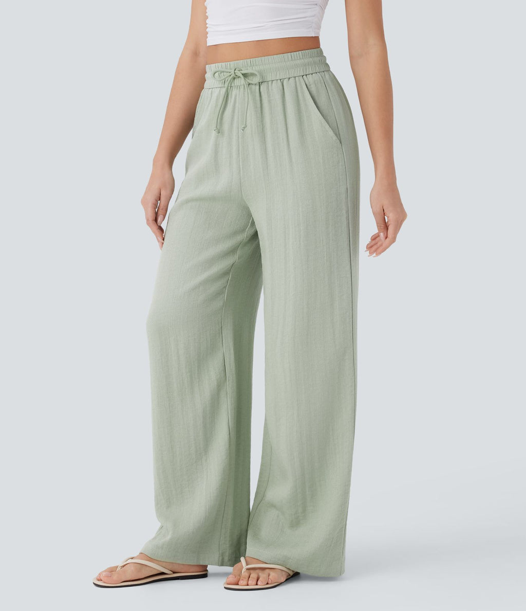 High Waisted Drawstring Pocket Wide Leg Casual Linen-Feel Trousers