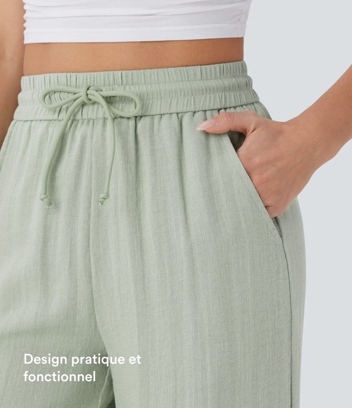 High Waisted Drawstring Pocket Wide Leg Casual Linen-Feel Trousers