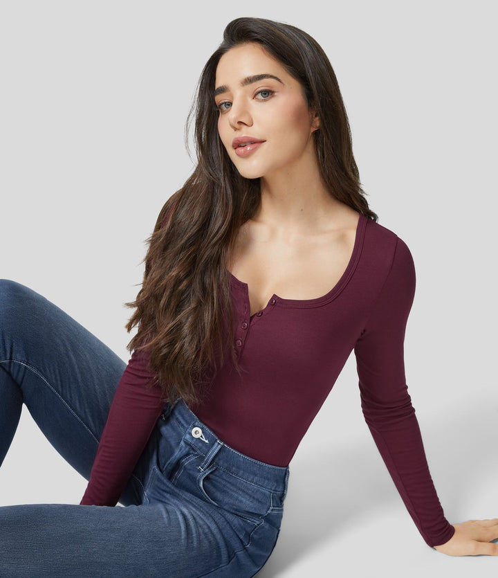Ribbed Henley Neck Long Sleeve Slim Casual T-Shirt